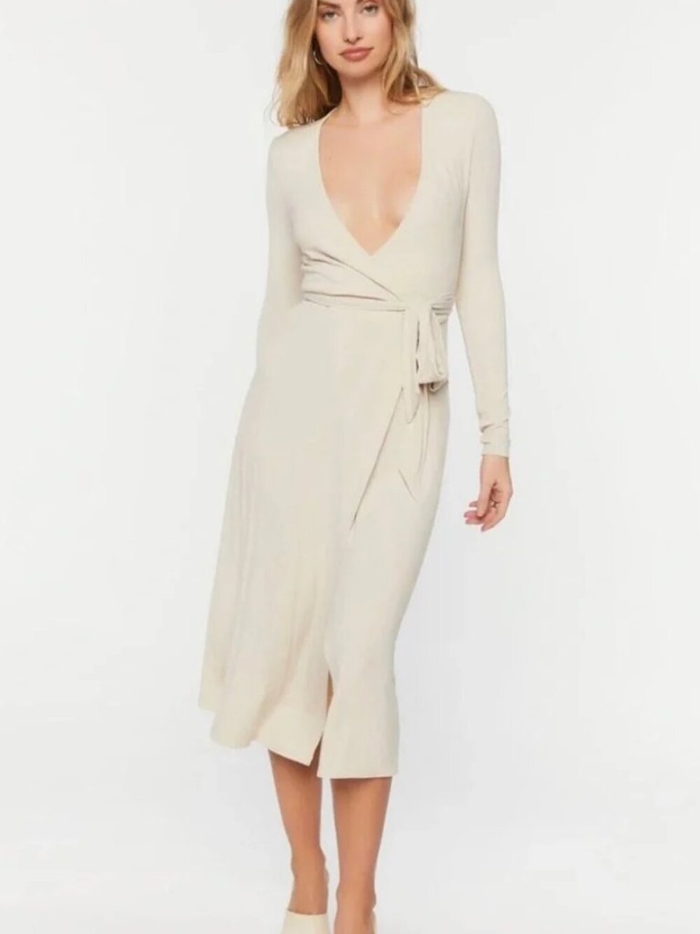 NWT Forever 21 Cream Ribbed Knit Long Sleeve Wrap Midi Dress Size M